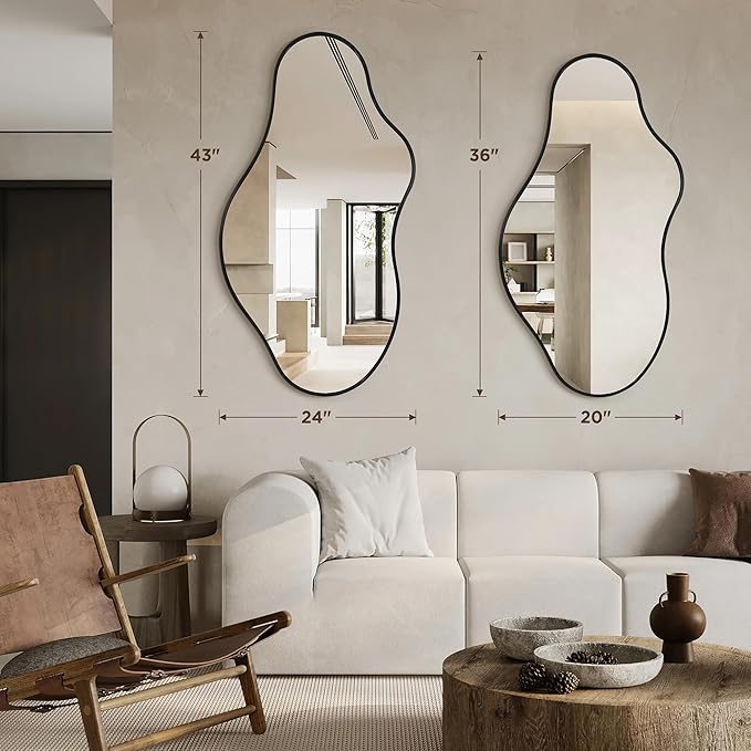 Irregular Wall Mirror - Wall Mirrors Decorative 20"x 36" Asymmetrical Abstract Mirror Aviation Aluminum Alloy Frame Unique for Bathroom, Bedroom, Living Room, Cloakroom, Entryway Black