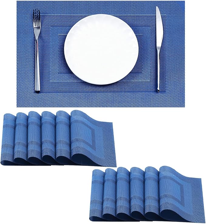 Leetaltree Blue Frame Placemats Set of 12 - Heat Resistant Non-Slip Place mats for Dining Table, Washable Durable PVC Vinyl Woven Table Mats(Blue Frame, 12)