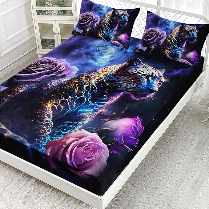 AILONEN Leopard Fitted Sheet Set Full Size, Purple Flower and Cheetah Bed Sheet Set Leopard Print Fitted Sheet with 2 Pillowcases,3 Pieces Leopard Sheets Set for Boys Girls