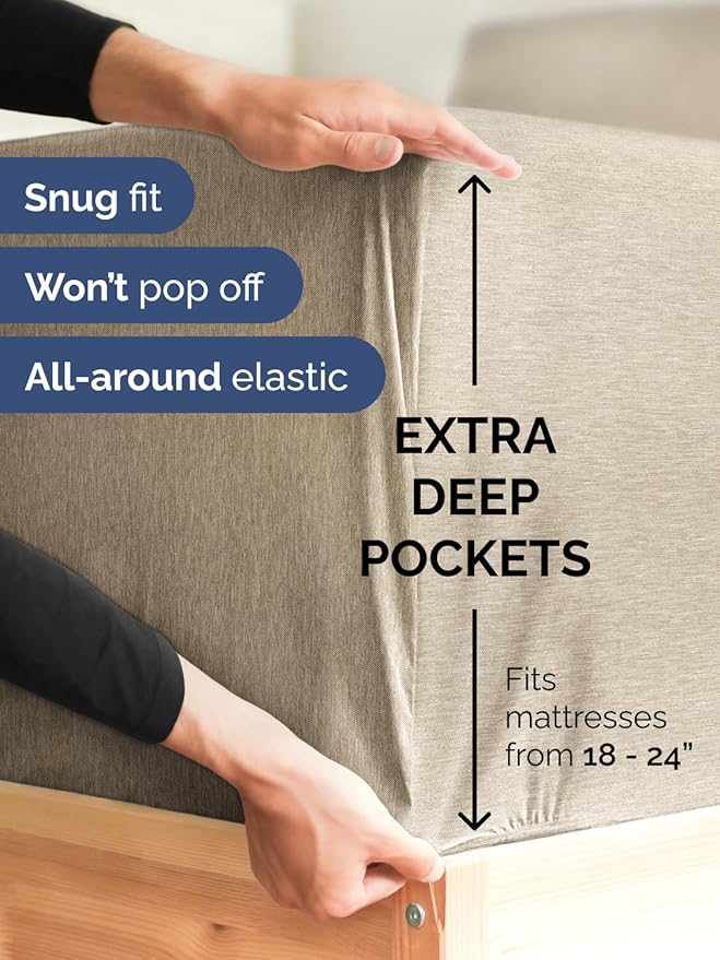 Extra Deep Queen Sheet Set - 6 Piece Breathable & Cooling Sheets - Hotel Luxury Bed Sheets Set - Easy Fit - Soft, Wrinkle Free & Comfy Sheets Set - Heathered Beige Sheet Set with Extra Deep Pockets