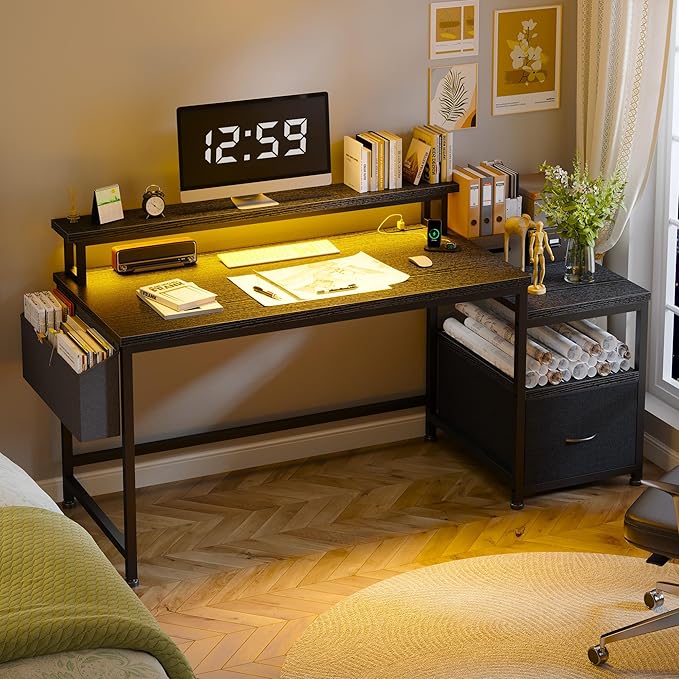 EnHomee 57" Computer Desk with Drawers and Printer Space,Office Desk with Power Outlets,Home Office Desks with File Drawers Cabinet,Study Writing and Gaming Desk with Shelves Monitor Stand,Black