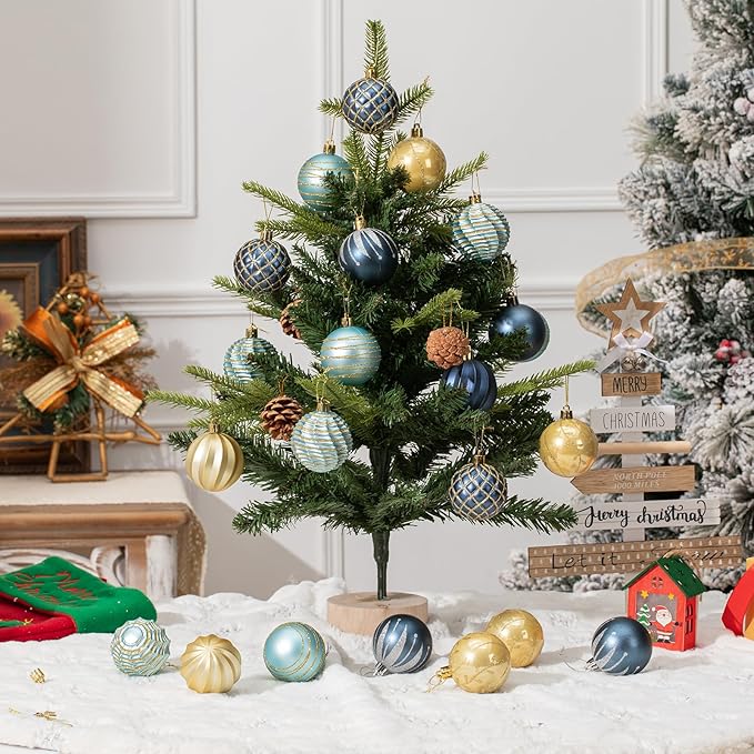 100Pcs Christmas Ball Ornaments Set, Assorted Shatterproof Christmas Ornament, Christmas Tree Theme Hanging Decoration for Xmas Tree Holiday/Party/Home Decor (Blue & Gold)