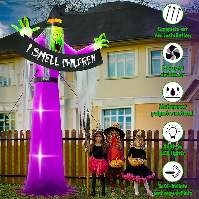 13FT Halloween Outdoor Inflatables, Scary Blow Up Witch Holding I Smell Children Banner, Pre-lit Witch Inflatables Decor, Giant Halloween Outdoor Decorations for Party Garden Lawn
