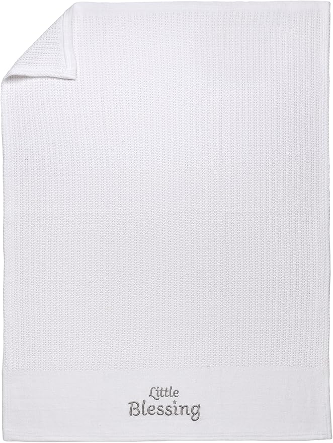 Cotton Knit Baby Blanket with Embroidery, Little Blessings, 30 in. x 40 in., White, Unisex