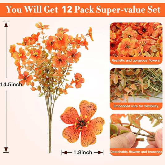 Fall Flowers Artificial for Decoration, Artificial Fall Mums Flowers for Outdoors, Fake Flowers Daisy Eucalyptus Realistic UV Resistant for Garden Patio Porch Home Decor (12, Orange-Green Leaves)