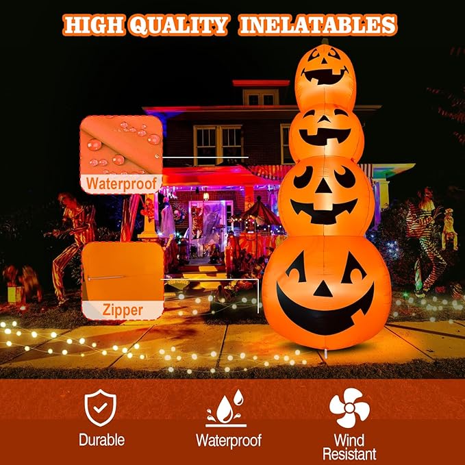 12FT Giant Halloween Inflatable Four-Story Pumpkin Decoration, Blow up Halloween Pumpkins Inflatable Built-in 4 LEDs for Halloween Inflatables Outdoor Decoration Haunted House Party Parade