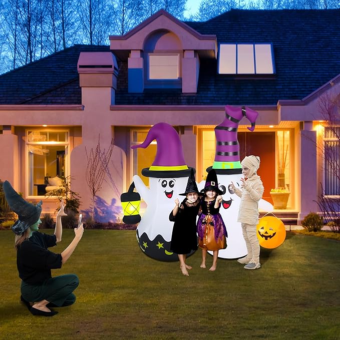 Halloween Inflatables Outdoor Decorations, Blow Ups 2-Pack Cute Ghosts with Build-in LED Lights, Funny Yard Garden Decoration for Halloween Party Indoor Outdoor