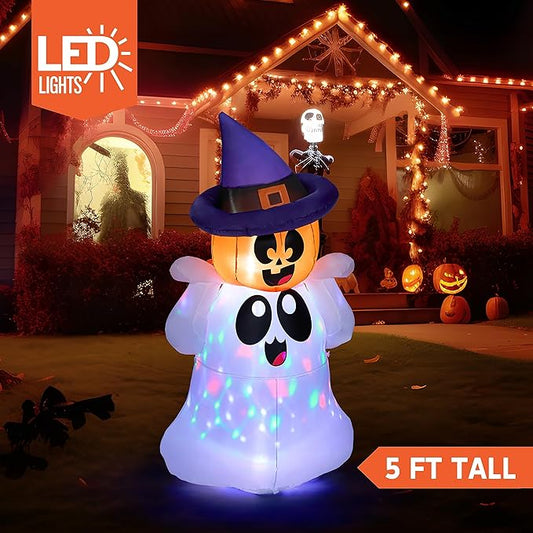 Joiedomi 5 FT Tall Halloween Inflatable Outdoor Decor, Blow Up Yard Decoration Ghost with Colorful LEDs, Inflatable Ghost with Pumpkin Witch Hat for Halloween Outdoor Decoration