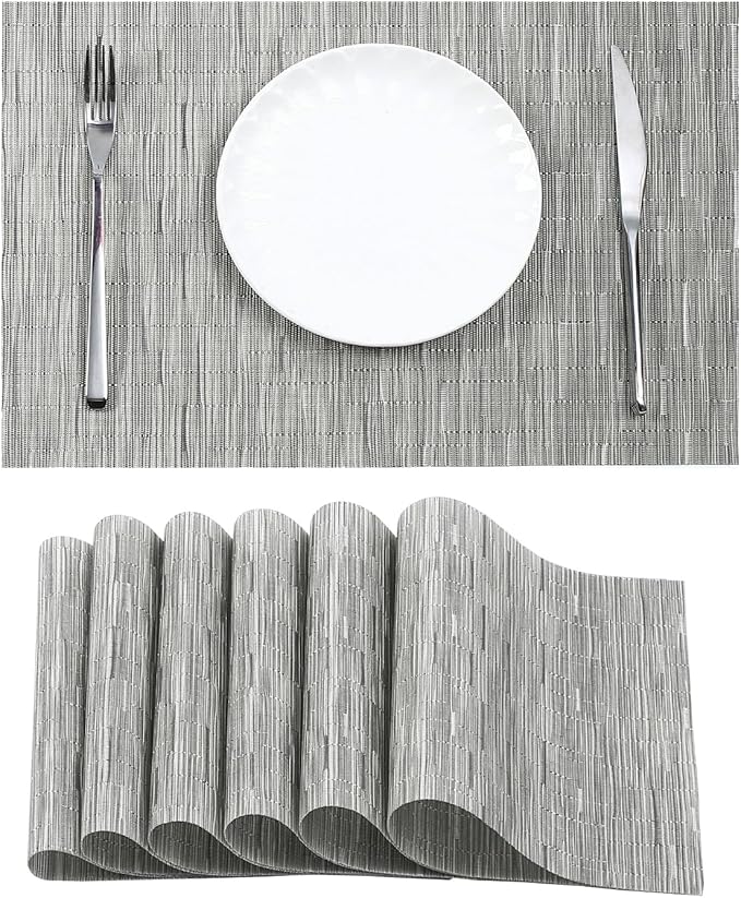 Leetaltree Sliver Placemats Set of 6 - Heat Resistant Non-Slip Place mats for Dining Table, Washable Durable PVC Vinyl Woven Table Mats(Sliver, 6)