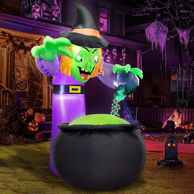 TURNMEON 5 Ft Halloween Inflatable Witch with Cauldron and Green LED String Light, Halloween Decorations Outdoor Blow Up Witch Pot with Build-in LEDs Halloween Yard Decor for Indoor Party Garden Lawn