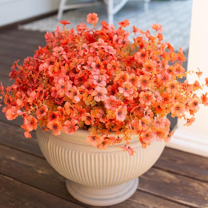 Artificial Fake Plants Flowers for Outdoor Fall Autumn Decoration, 12 Bundles Faux Silk Orange Mums Daisy Look Real UV Resistant for Outside Home Porch Patio Planter