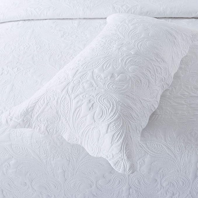 HoneiLife Quilt Set King Size - 3 Piece Embroidered Microfiber Bedspread Reversible Coverlet Lightweight Bedcover Paisley Pattern Bedding Set All Season Quilts-White