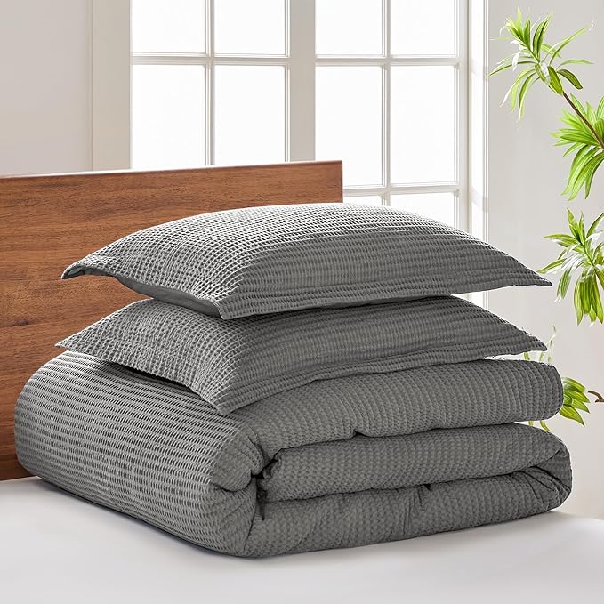 Levtex Home - Cloud Waffle Comforter Set - King Comforter + Two King Pillow Cases - Waffle Weave - Grey - Comforter (106 x 94in.) and Pillow Case (36 x 20in.) - Cotton