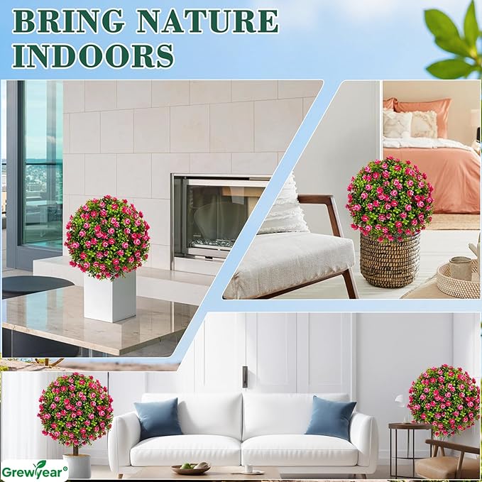 Artificial Topiary Ball with Ground Spike Set of 2, Faux Boxwoods for Outdoor Planters, UV Resistant Artificial Outdoor Plants for Porch, Fake Bushes Round Flower Shrub with Red Rose