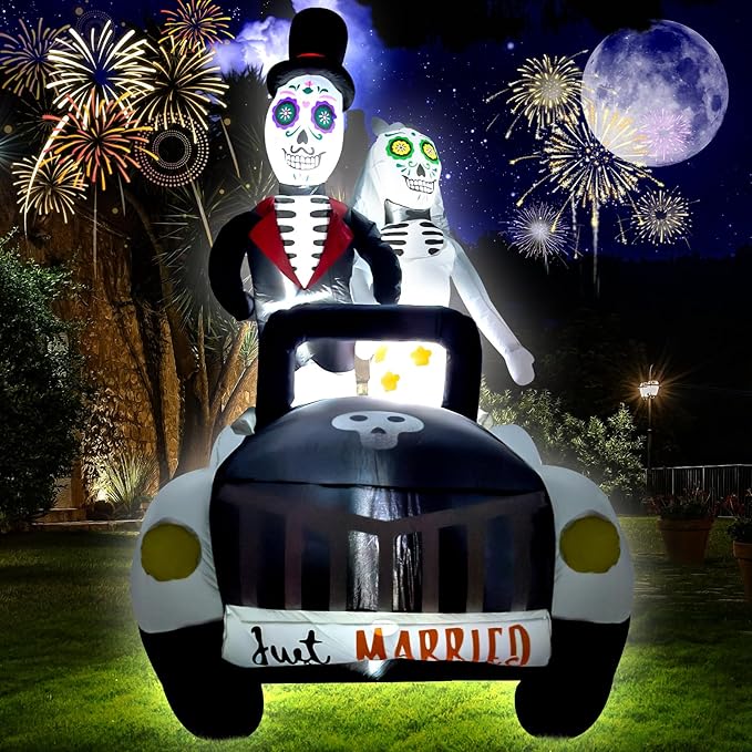 7FT Halloween Inflatable Ghost Couple Driving Halloween Decorations Spooky Blow Up Decor with LED Lights Indoor Outdoor Yard Garden Party Holiday Decorations