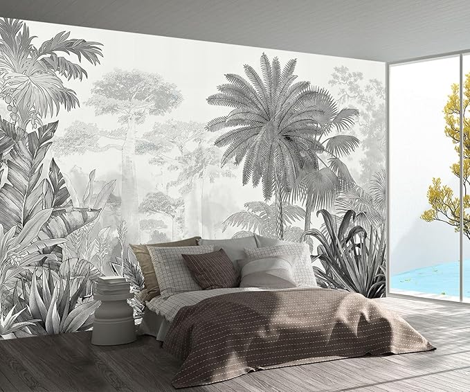 Grey Jungle Plant Leaves Wallpaper Mural (Not Peel and Stick)