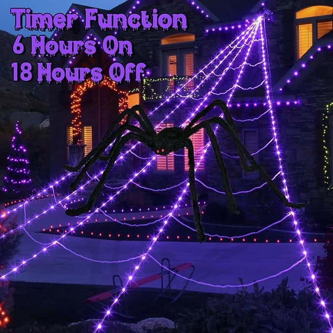 Halloween Spider Web Lights Decoration 250 LED Light up Spider Webs Halloween Decorations Outdoor with 59" Large Spider & 3.53 oz Stretch Cobweb 16.4 Ft Giant Web with 8 Modes (Purple)