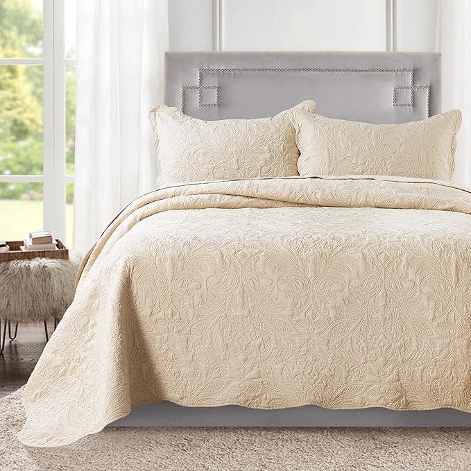 HoneiLife Oversized Bedspread Quilt Sets - 3 Piece California King Quilt Microfiber Bedspreads Reversible Coverlets Lightweight Bed Cover Paisley Bedding Sets All Season Quilts-111 x106-Khaki