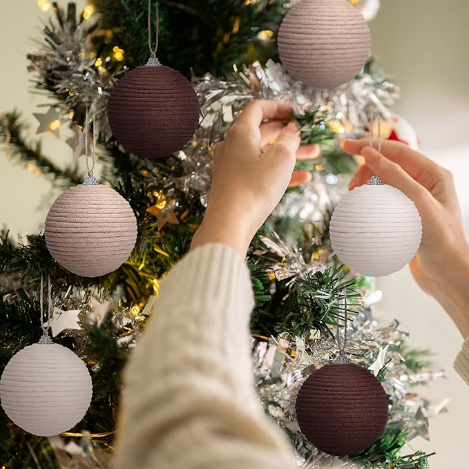 Syhood 6pcs Christmas Ball Ornaments Boho Farmhouse Jute Rope Hanging Xmas Balls Burlap Neutral Rustic Ornaments for Xmas Tree Holiday Wreath Garland (3.15 Inches,White,Beige,Dark Brown)