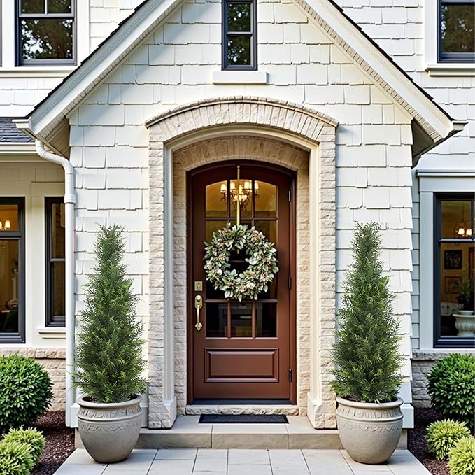 Artificial Cedar Topiary Trees 4FT Potted Fake Cypress Trees Faux Evergreen Plants for Home Porch Garden Decor Set of 2