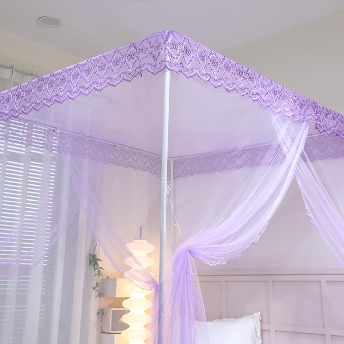 Bed Canopy, Princess Bed Curtain Net for Girls & Adults,Three-Doors Rectangle Lace Dome Netting (Purple, King)