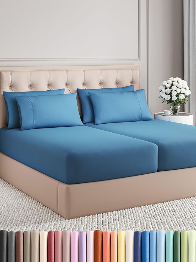 CGK Linens Split King 7 Piece Sheet Set - Cooling Sheets for Hot Sleepers - Hotel Luxury Bedding Set with 8-16 Inch Deep Pockets - 1 Flat & 2 Fitted & 4 Pillowcases - Soft & Wrinkle Free - Split King