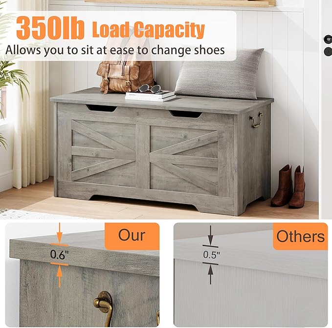 IDEALHOUSE Storage Chest, 39.4" Toy Chest for Boys Girls, Kids Wood Large Toy Box, Storage Bench with Safety Hinge, Farmhouse Storage Trunk for Entryway, Living Room, Bedroom, Playroom, Greige