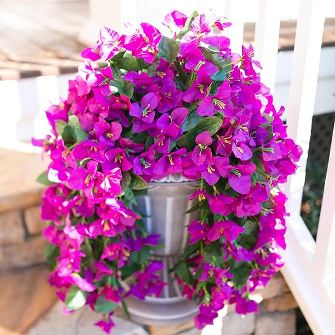 Artificial Faux Bougainvillea Flowers Plants for Outdoor Outside Summer Decoration, 2 pcs Fake Silk UV Resistant Look Real Long Trailing Vines for Front Door Porch Planter Urn Patio Balcony, Purple