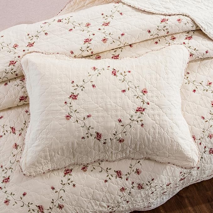 mixinni Floral Embroidered Quilt Set - 3 Pieces Reversible Quilt Bedding Set, 100% Cotton Quilt Queen Size Set Elegant Embroidery Bedspread Coverlet Set with 2 Pillow Shams for All Seasons (90"x98")
