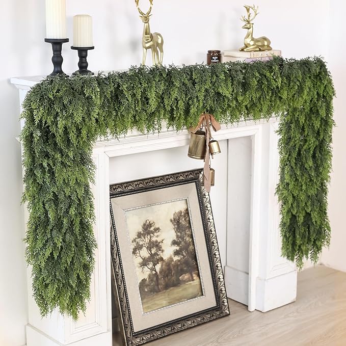 16FT Real Touch Cedar Garland for Fireplace - Artificial Christmas Garlands Realistic Faux Greenery Fake Pine Needles Garland for Holiday,Table, Window,Mantel,Stairs, Home,Indoor Outdoor Decor (1PCS)