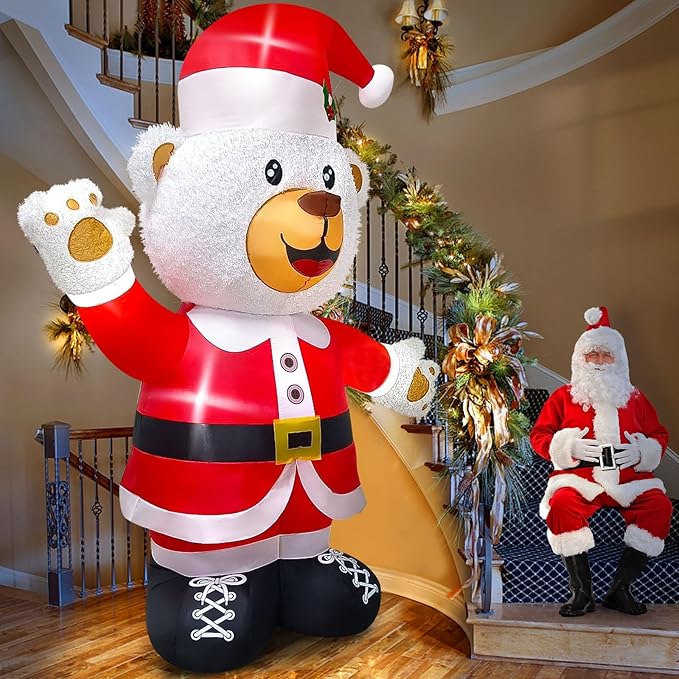 Kalolary 8FT Christmas Inflatable Fluffy Bear with LED Light, White & Red, Plush Fabric, Wind Resistant, Christmas Fluffy Bear Decoration