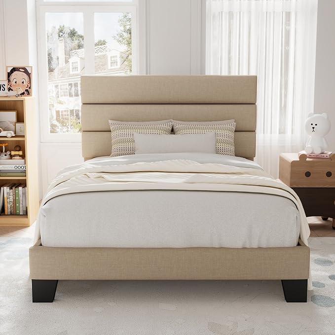 Allewie Twin Size Platform Bed Frame with Fabric Upholstered Headboard and Wooden Slats Support, Fully Upholstered Mattress Foundation/No Box Spring Needed/Easy Assembly,Beige
