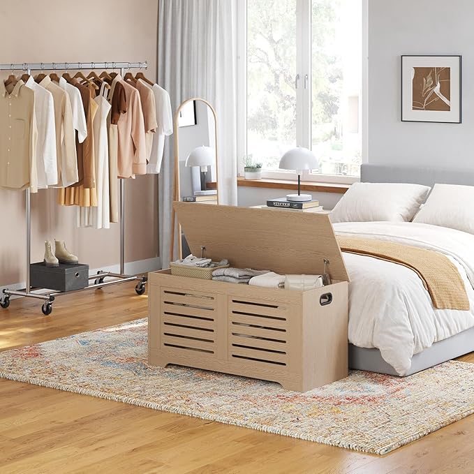 DINZI LVJ Storage Chest, 39.4”Wooden Storage Box with 2 Safety Hinges, Entryway Shoe Bench with Flip-Top, Farmhouse Style Trunk for Living Room, Bedroom, Play Room, Easy Assembly, Natural