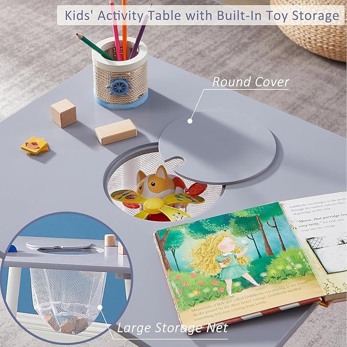 VECELO Activity Table and 2 Chair Set with Hidden Mesh Storage, Durable Playroom Furniture, Modern Design, Easy Assembly, Grey