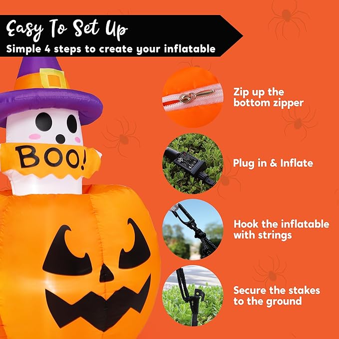 Joiedomi 5ft Tall Halloween Animated Inflatables Outdoor Decorations, Inflatable Ghost on Pumpkin with LEDs, Cute Blow Up Pumpkin Ghost Decor for Outside Yard Outdoor Lawn Garden Party Decoration