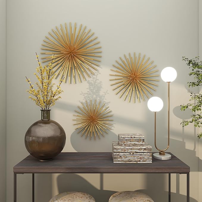 Deco 79 Metal Starburst Home Wall Decor 3D Wall Sculpture, Set of 3 Wall Art 16", 20", 24"D, Gold