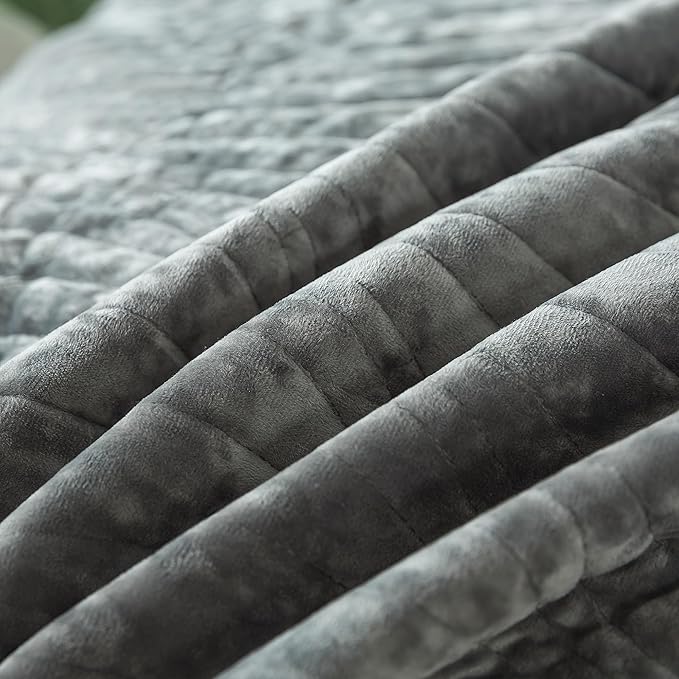 HoneiLife Velvet Quilt Sets King - Lightweight Bedspreads 3-Pieces, Stripe Coverlets Rustic Bed Cover King Quilt Bedding Sets for All Season Use, Grey