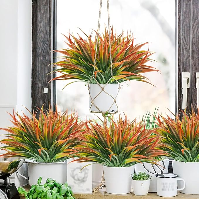Artificial Fake Grass,24 PCS Outdoor Faux Grasses Plastic Plants Greenery UV Resistant for Outside Home Windowbox Garden Office Patio Hanging Planter Front Porch Fall Décor (Red)