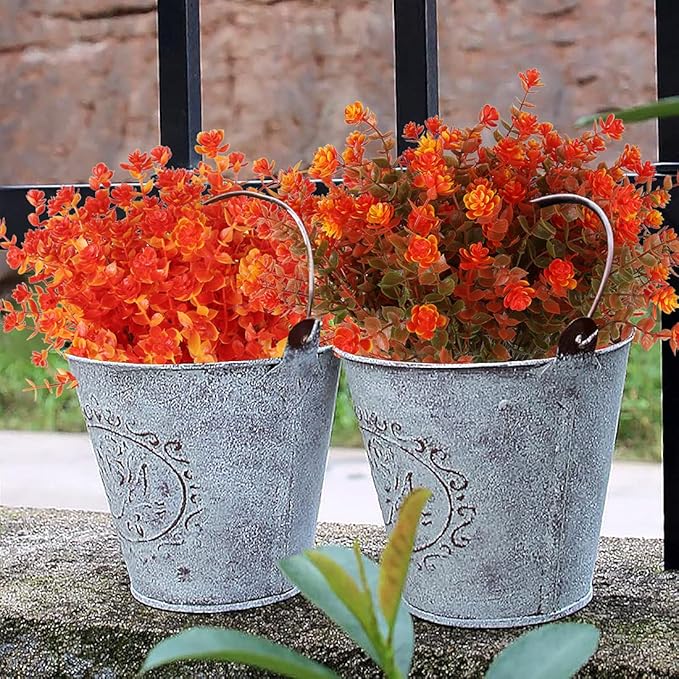 12 Bundles Artificial Outdoor Flowers UV Resistant Fake Plastic Plants No Fade Faux Fall Flowers for Hanging Planter Garden Porch Patio Window Box Wedding Thanksgiving Halloween Decor, Fall Orange