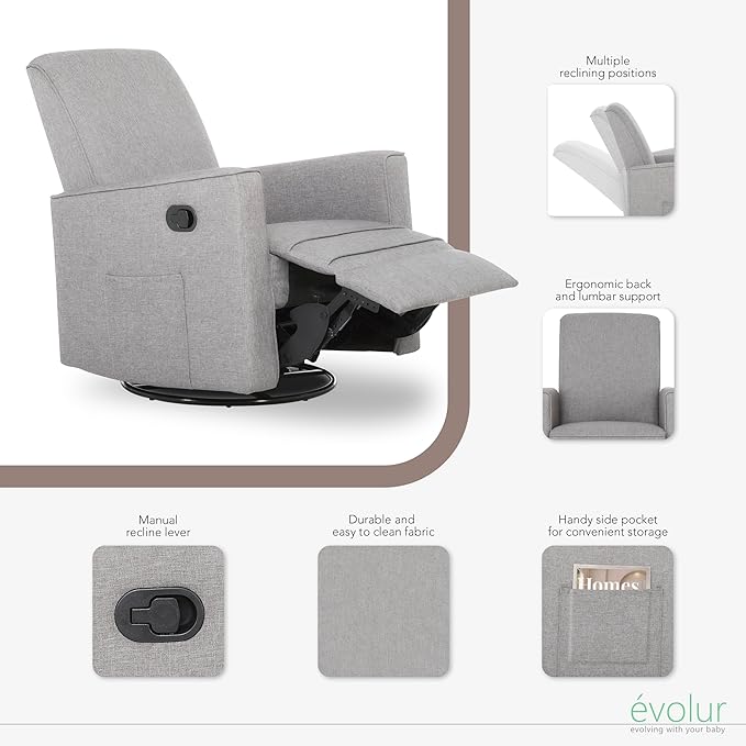 Evolur Raleigh Upholstered Plush Seating Glider Swivel, Rocker, Recliner, Glider for Nursery in Light Grey, Greenguard Gold Certified, Modern Nursery Recliner, Environmentally Conscious Glider