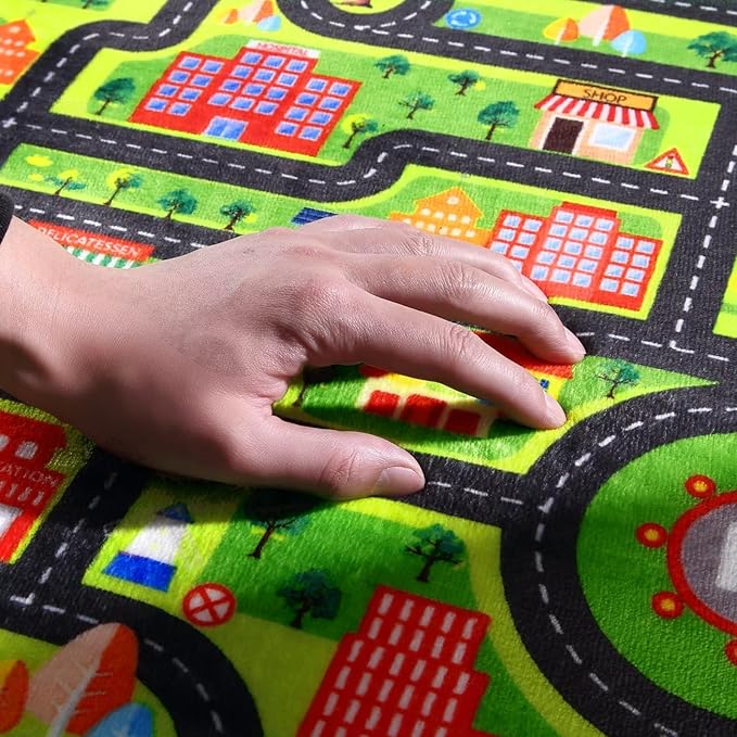 Kids Playmat Car Rug, City Life Fun Carpet Educational Car Rugs for Kids Play with Cars and Toys Road Traffic Play Mat for Bedroom Playroom Classroom Soft Large Area Rug, 8x10 ft Black Streets