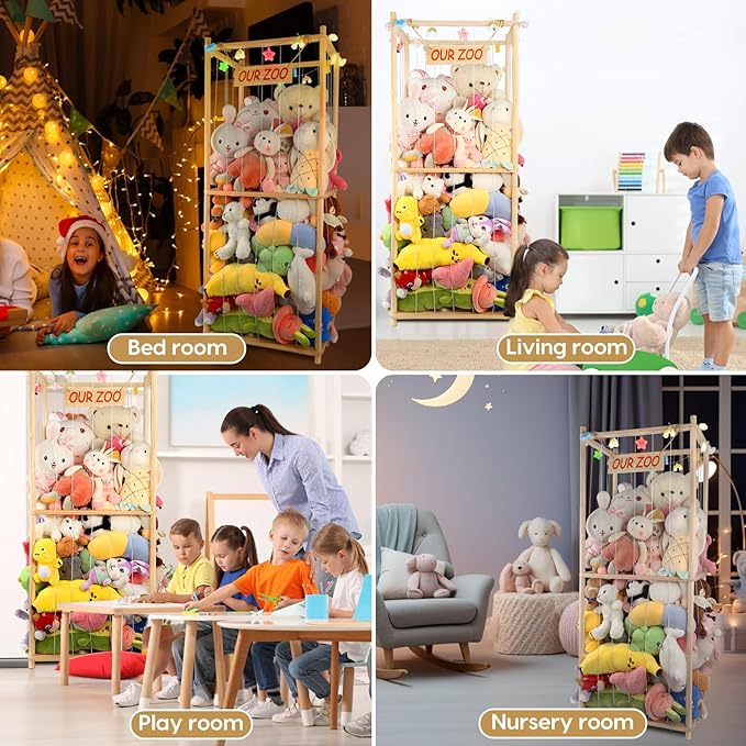 Extra Large Stuffed Animal Storage Wooden Stuff Animal Organizer 63" Stuffed Animal Zoo Holder Kids Plush Toys Cage Stuffed Animal Display with Light Strips for Playroom Bedroom Nursery Room Decor