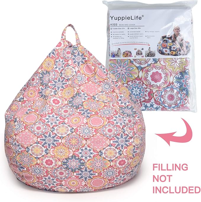 YuppieLife Kids Storage Bean Bag Cover(No Filling) Toy Organizer|Carrying Handle Sofa|Available for Kids and Teenager|Cuddle Chair|Machine Washable and Durable(27“,Pink Flowers)