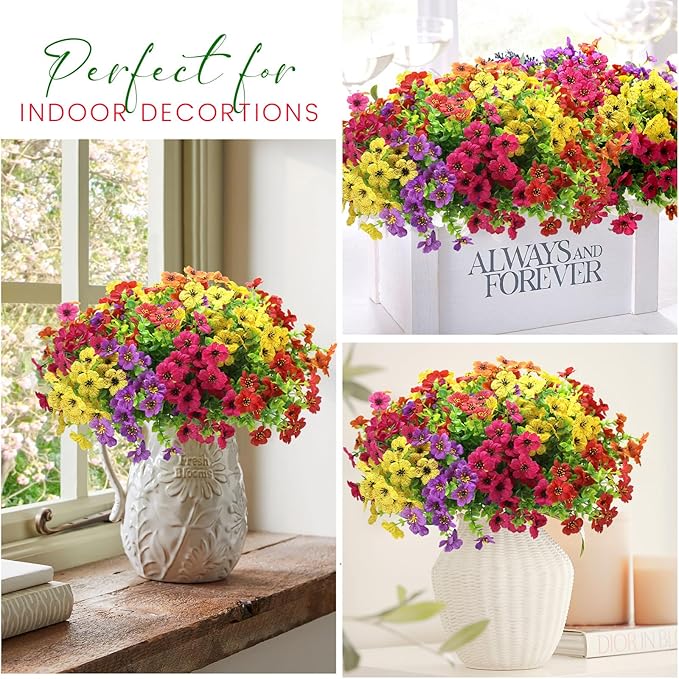 12 Bundles Artificial Fake Flowers for Outdoor Spring Summer Decoration, Faux Plants Flowers Silk Colorful Mix Daisy Realistic UV Resistant for Porch Patio Home Planter Balcony Yard Decor