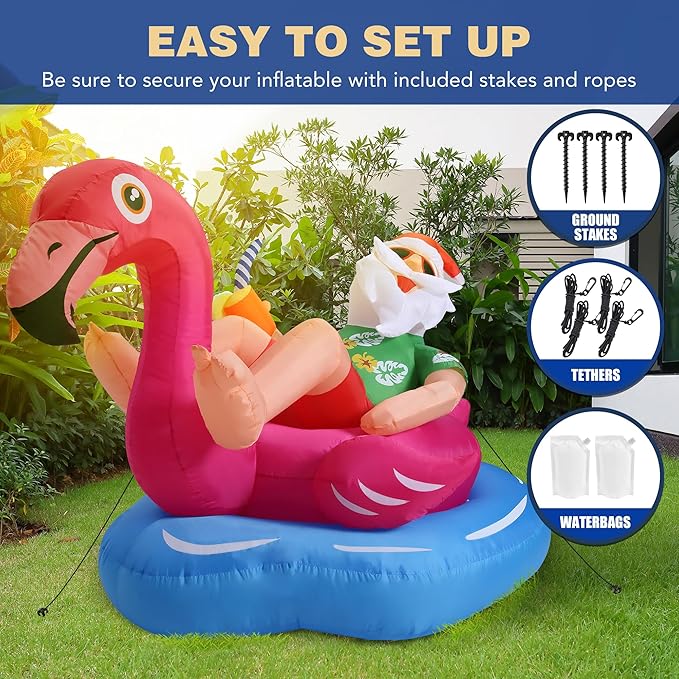 8 FT Hawaiian Santa on Flamingo Pool Float Christmas Inflatables Outdoor Decorations, Christmas Blow Up Santa Claus Yard Decorations for Garden Lawn Xmas Decor