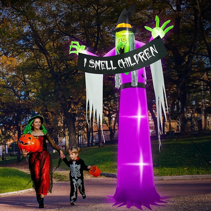 13FT Halloween Outdoor Inflatables, Scary Blow Up Witch Holding I Smell Children Banner, Pre-lit Witch Inflatables Decor, Giant Halloween Outdoor Decorations for Party Garden Lawn