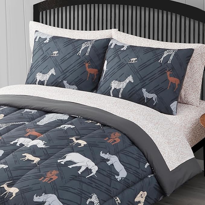Kids Bedding Set Bed in a Bag for Boys and Girls Toddlers Printed Sheet Set and Comforter, Full, Safari