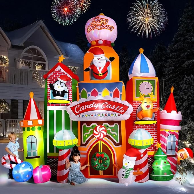 13.5 FT Tall Candy Castle Christmas Inflatables Outdoor Decorations, Blow Up Christmas Decorations with Built-in Rotating Light for Garden Lawn Xmas Decor