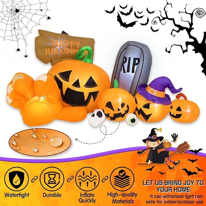 Garma Halloween Inflatables Outdoor Decorations, Long Inflatable Blow Ups Yard Decoration Pumpkin with Build-in LEDs, Gravestone and Witch Hat for Halloween Party Indoor, Lawn, Garden Decor