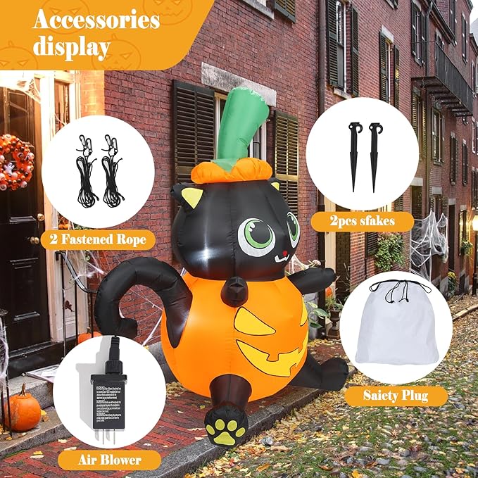 5FT Halloween Inflatable Pumpkin Cat, Lovely Black Cat with Build-in LED Lights, Blow up Halloween Inflatable Outdoor Indoor Decorations Large Party Yard Decoration (Black Cat in Pumpkin)